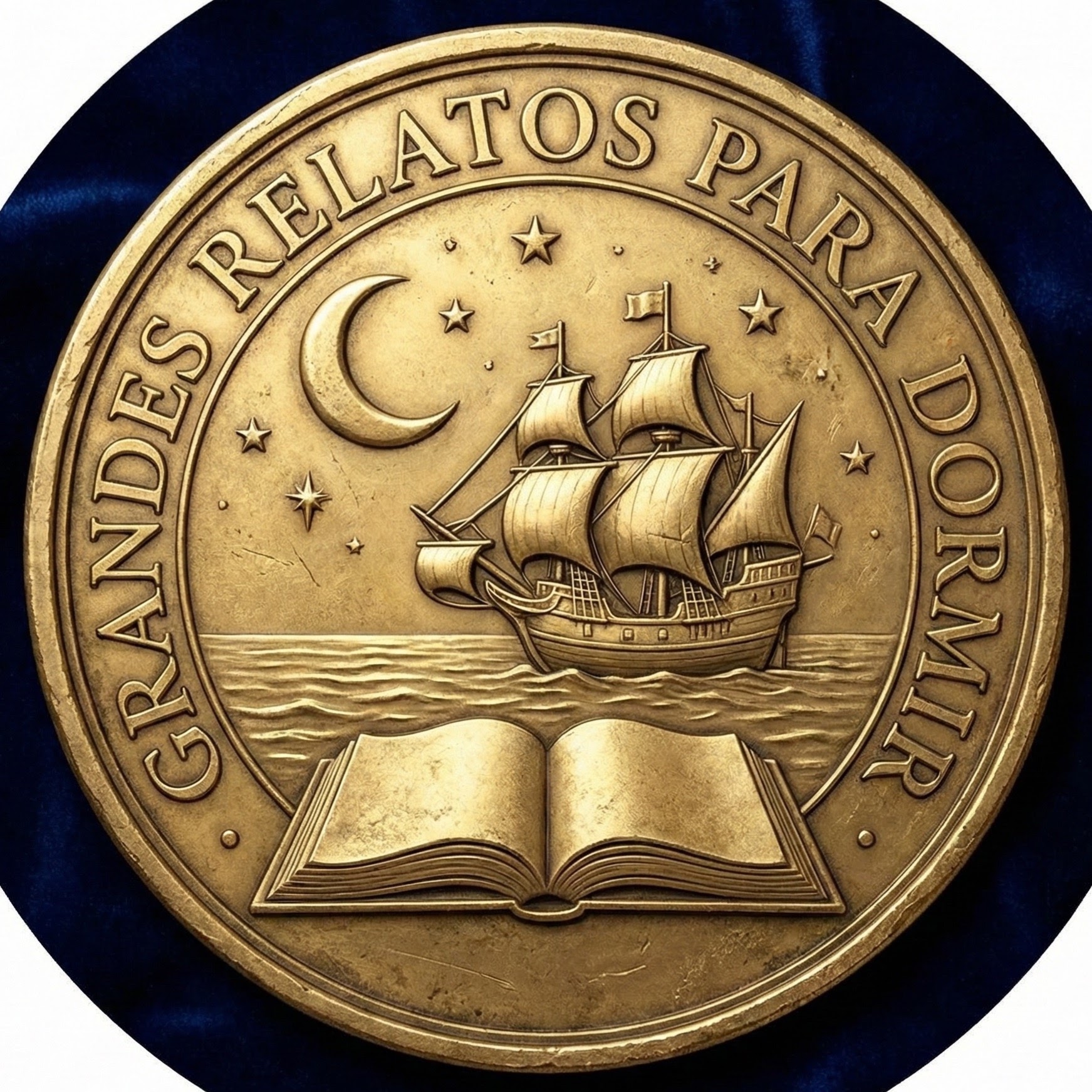 Logo de Grandes Relatos para Dormir: medallón de bronce con un galeón, la luna, estrellas y un libro abierto.